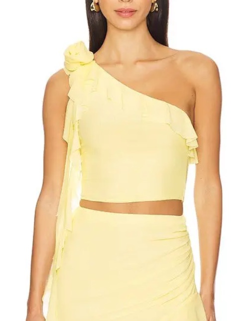 Afrm Kellon Top Buttercup Pale Yellow Micro Mesh Top Ruffle Rose Revolve M